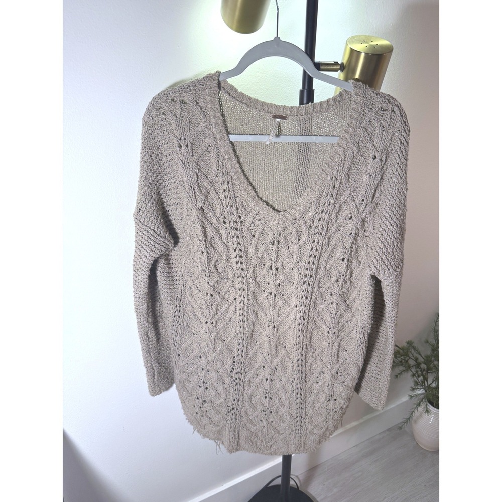 Free People cableknit long grunge loose fit tan cozy boho layering fall med euc